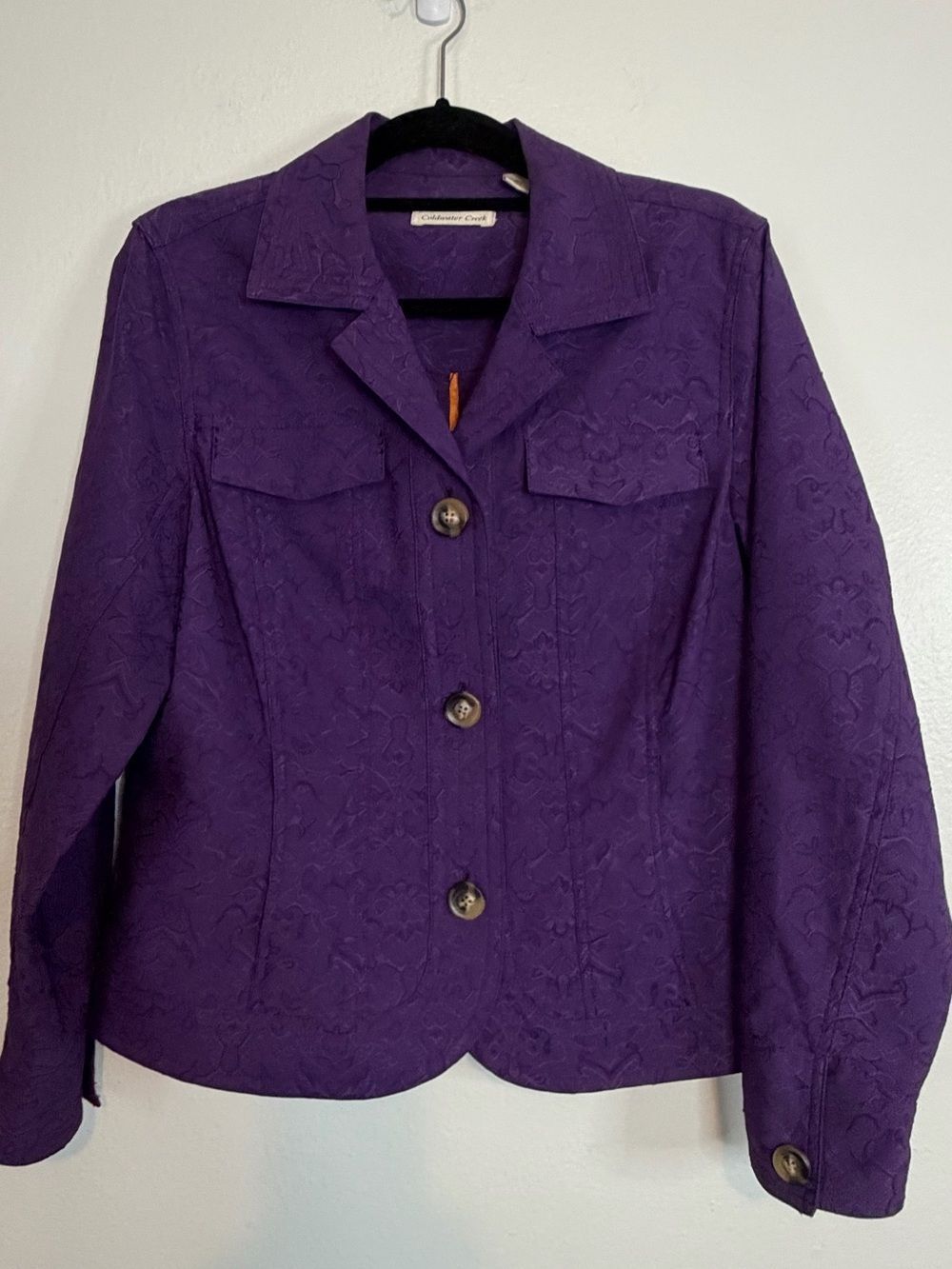 Coldwater Creek Jacket Womens 12 Purple Floral Jacquard Button Front Cottagecore